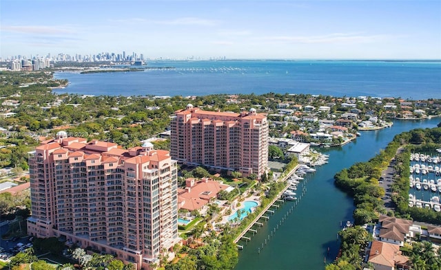 birds eye view of property featuring a water view