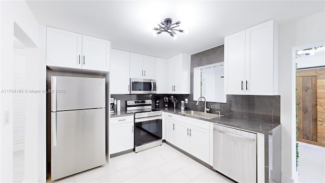 kitchen featuring tasteful backsplash, sink, white cabinets, and appliances with stainless steel finishes