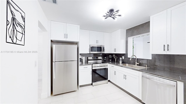 kitchen with tasteful backsplash, white cabinetry, appliances with stainless steel finishes, and sink