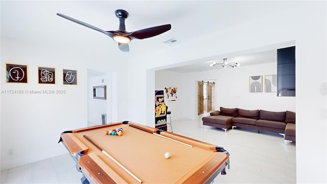 playroom with billiards and ceiling fan