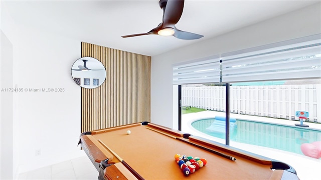 playroom with ceiling fan and billiards