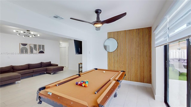 recreation room featuring ceiling fan and billiards