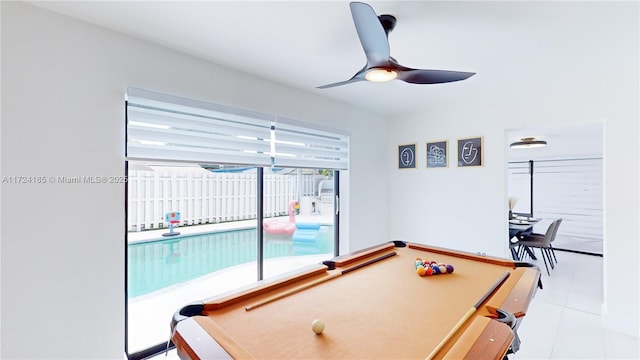 playroom with ceiling fan and billiards