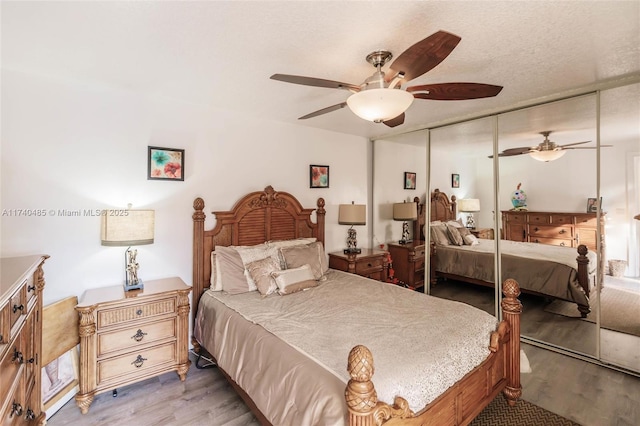 bedroom featuring wood-type flooring, ceiling fan, and a textured ceiling