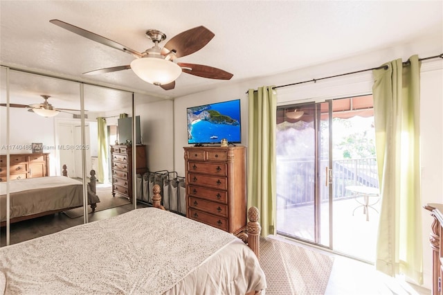 bedroom with multiple windows, access to exterior, a closet, and ceiling fan