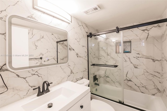 full bathroom with vanity, decorative backsplash, enclosed tub / shower combo, and toilet