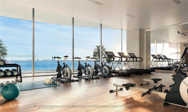 exercise room featuring a water view, a wall of windows, and hardwood / wood-style flooring