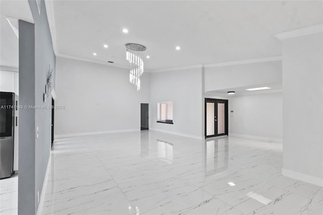 11965 SW 15th Ct, Davie, FL 33325 - empty room featuring crown molding, recessed lighting, baseboards, and light marble finish flooring