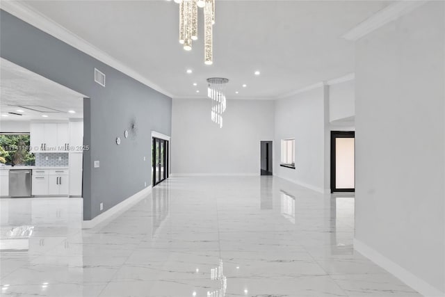 11965 SW 15th Ct, Davie, FL 33325 - unfurnished room featuring recessed lighting, baseboards, crown molding, light marble finish flooring, and a chandelier