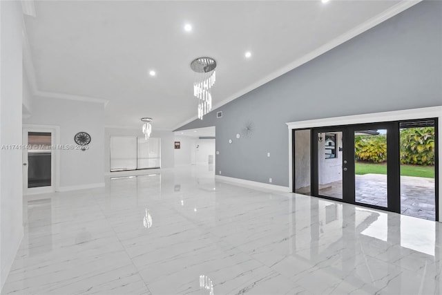 11965 SW 15th Ct, Davie, FL 33325 - unfurnished living room featuring marble tiled flooring, ornamental molding, baseboards, high vaulted ceiling, and recessed lighting