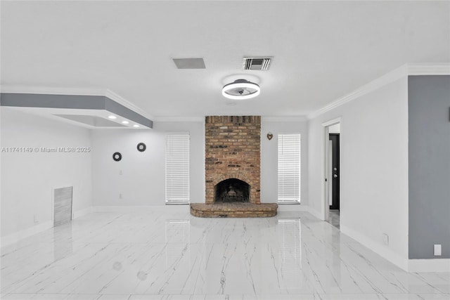 11965 SW 15th Ct, Davie, FL 33325 - unfurnished living room featuring crown molding, baseboards, marble finish floors, and a brick fireplace