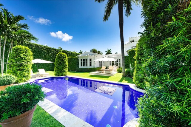 view of swimming pool with a patio and a lawn