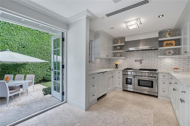 kitchen featuring white cabinets, exhaust hood, dishwasher, and range with two ovens