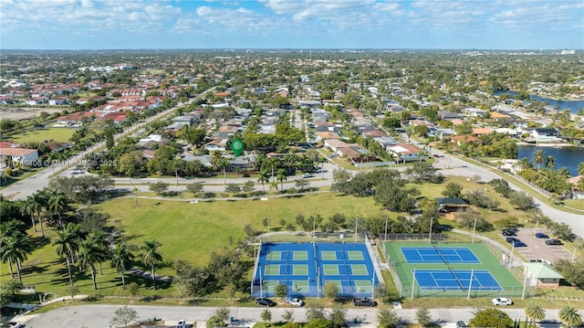 aerial view featuring a water view and a residential view