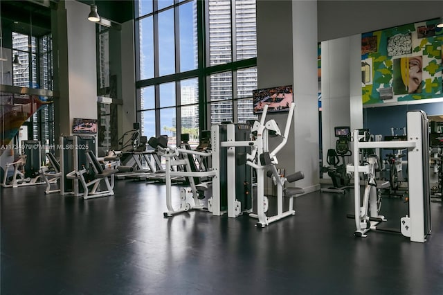 workout area featuring a towering ceiling and a wall of windows