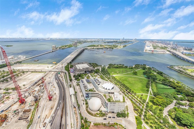 drone / aerial view featuring a water view