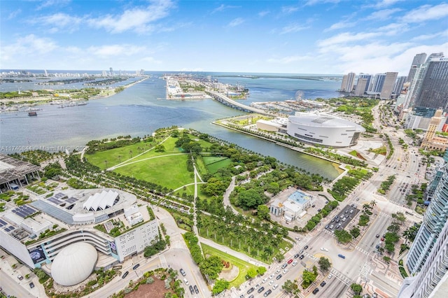 birds eye view of property featuring a water view