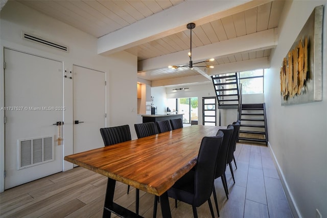 dining space featuring wood ceiling, beam ceiling, light hardwood / wood-style flooring, and a notable chandelier