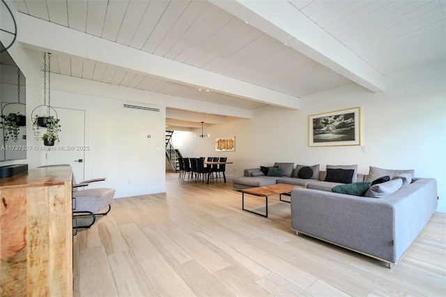 living room with hardwood / wood-style floors and beam ceiling