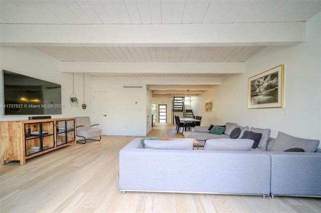 living room featuring beamed ceiling, wood ceiling, and hardwood / wood-style floors