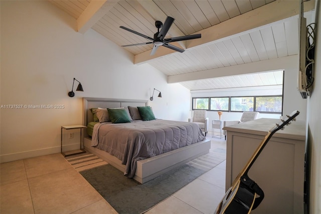 bedroom featuring vaulted ceiling with beams, ceiling fan, wooden ceiling, and light tile patterned floors