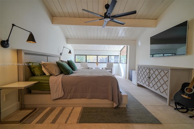 tiled bedroom with lofted ceiling with beams, wooden ceiling, and ceiling fan