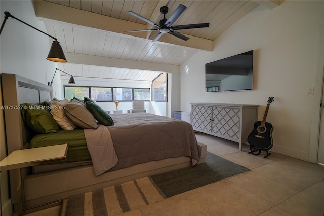 tiled bedroom with vaulted ceiling with beams and wood ceiling