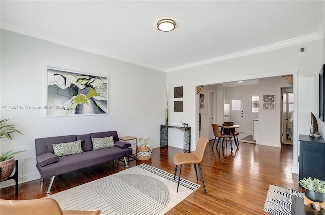 living room featuring crown molding and hardwood / wood-style floors