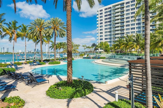 view of pool with a patio area and fence