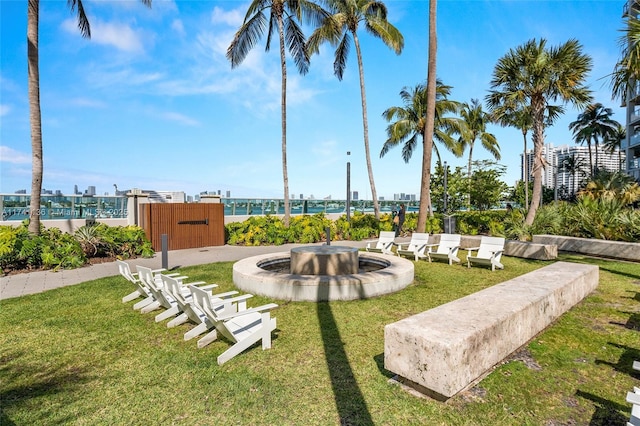 view of property's community with a city view and a yard