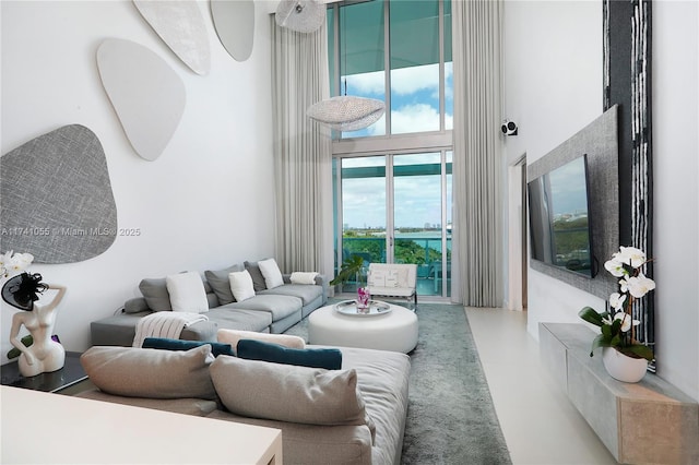 living room with a high ceiling