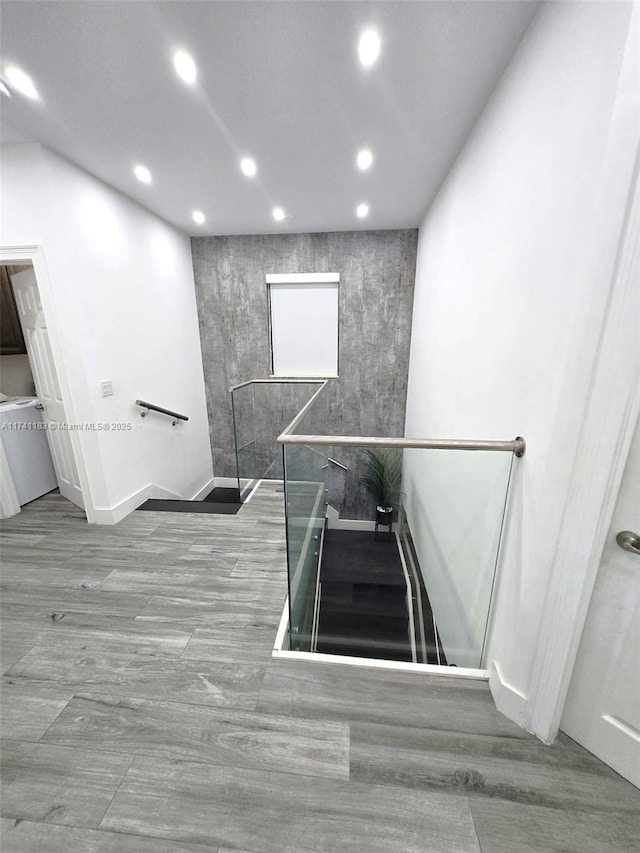 bathroom with hardwood / wood-style floors