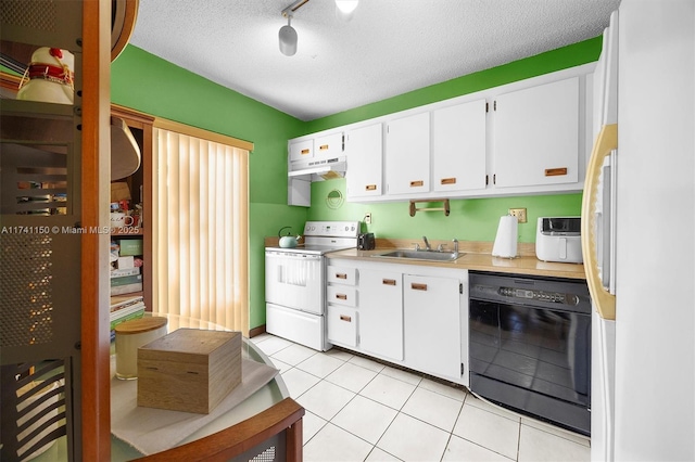 kitchen featuring light tile patterned flooring, white electric range oven, sink, black dishwasher, and white cabinets