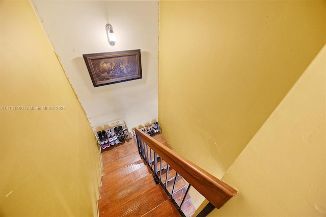 stairway with hardwood / wood-style floors