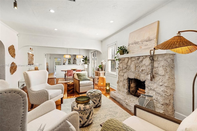 living room featuring hardwood / wood-style flooring, crown molding, and a fireplace