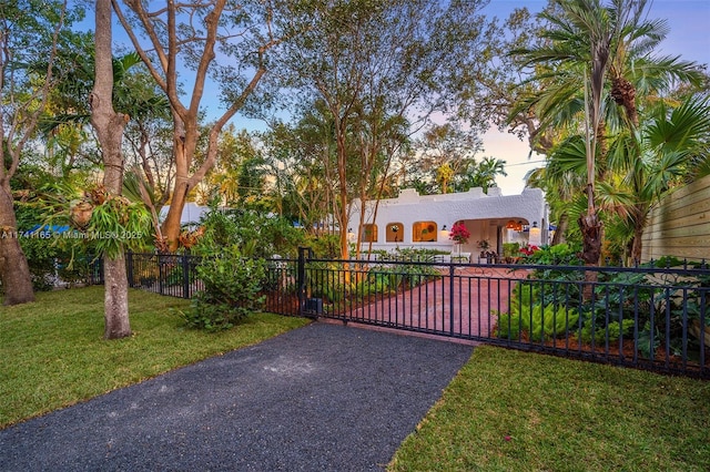 gate at dusk featuring a yard