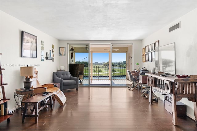 interior space with dark hardwood / wood-style floors and ceiling fan