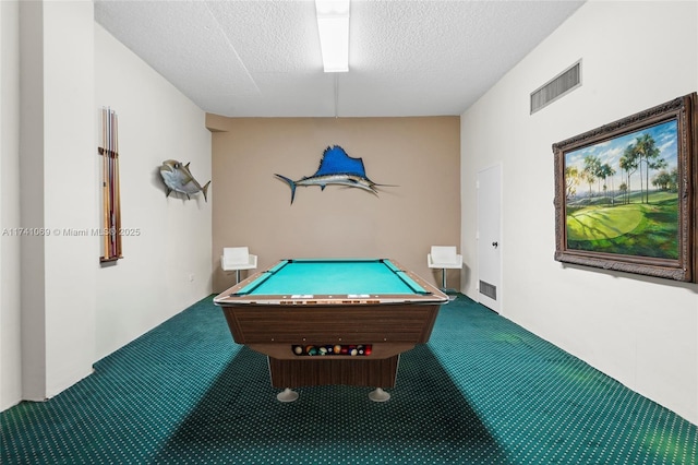 recreation room featuring billiards, carpet floors, and a textured ceiling