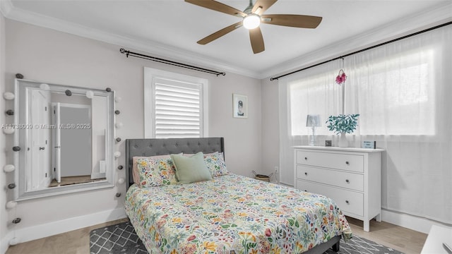 bedroom with crown molding and ceiling fan