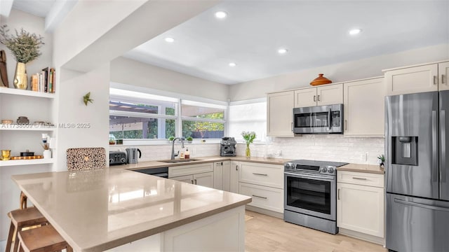 kitchen featuring sink, stainless steel appliances, kitchen peninsula, and white cabinets