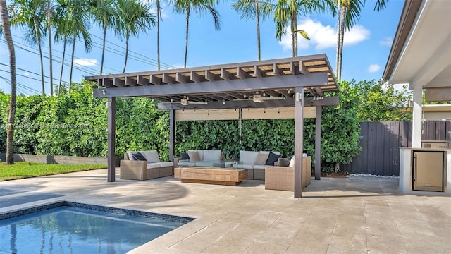 view of patio / terrace featuring a fenced in pool, a pergola, and an outdoor hangout area