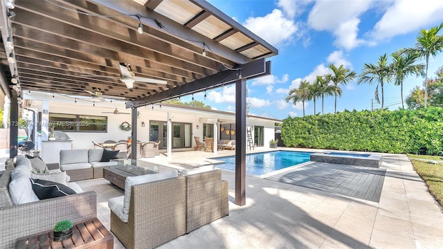 view of swimming pool featuring area for grilling, an in ground hot tub, ceiling fan, an outdoor living space, and a patio