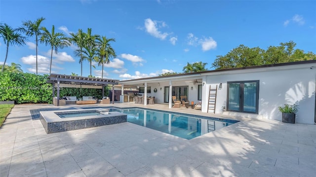 view of pool featuring a pergola, an in ground hot tub, ceiling fan, an outdoor hangout area, and a patio