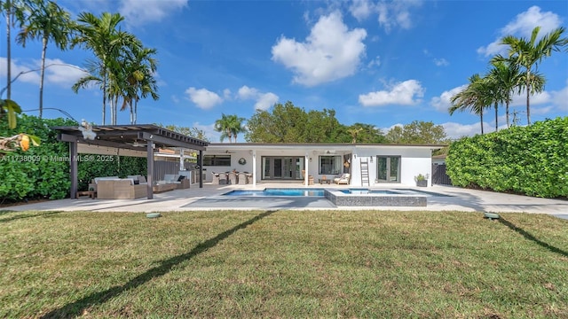 rear view of property featuring an outdoor living space, a pergola, a patio area, and a lawn