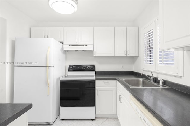 kitchen with white cabinetry, white appliances, light tile patterned flooring, and sink