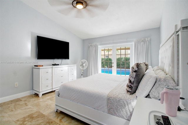 bedroom featuring lofted ceiling, access to exterior, french doors, and ceiling fan