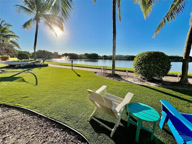 view of property's community featuring a yard and a water view