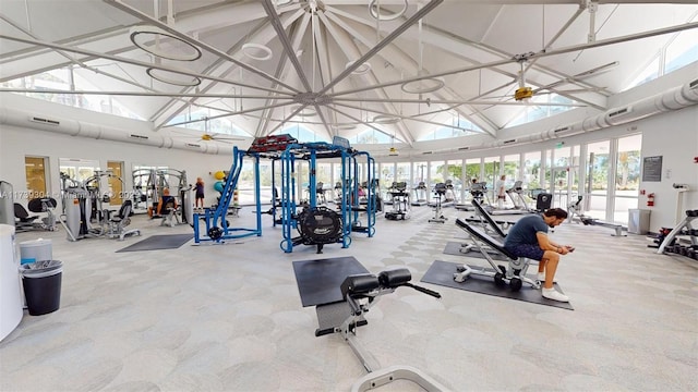 600 N Three Islands Blvd Unit 803, Hallandale Beach, FL 33009 - exercise room featuring high vaulted ceiling, carpet flooring, and visible vents