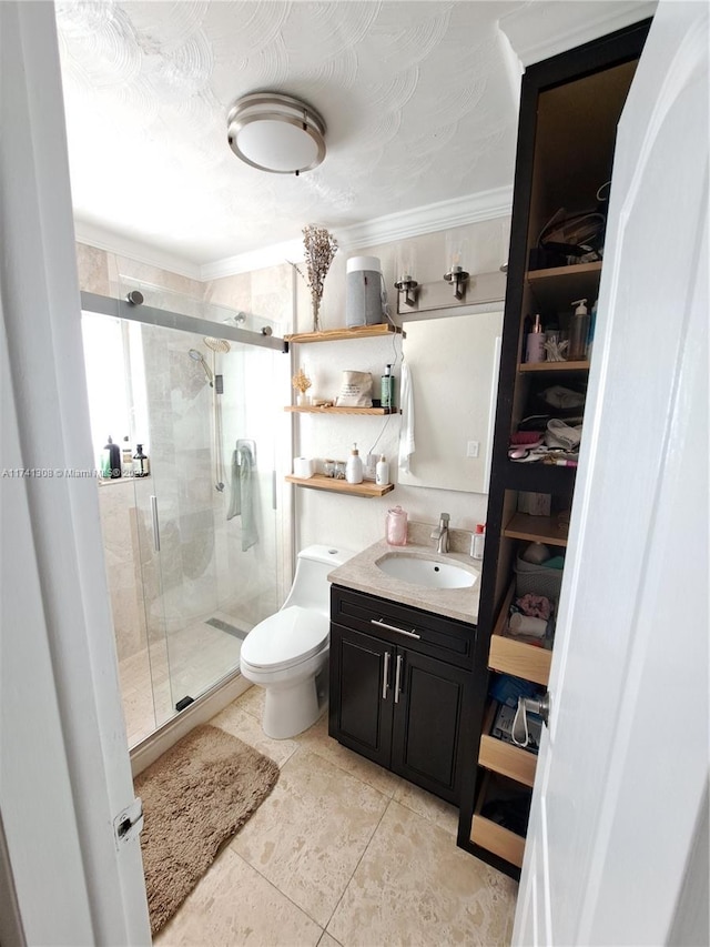 full bath featuring toilet, a shower stall, tile patterned flooring, and vanity