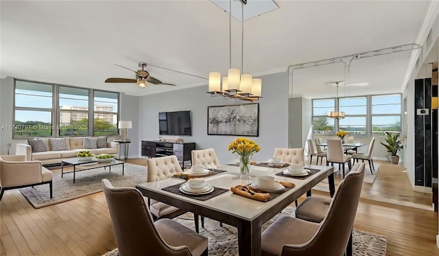 2801 NE 183rd St Unit 517W, Aventura, FL 33160 - dining area with a chandelier, healthy amount of natural light, a ceiling fan, light wood-style floors, and crown molding